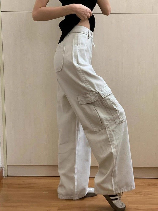 High Street Sand White Wide Leg Denim American Retro Loose Casual Straight-Leg Floor-Mopping Long Pants - Bellaward Fashions