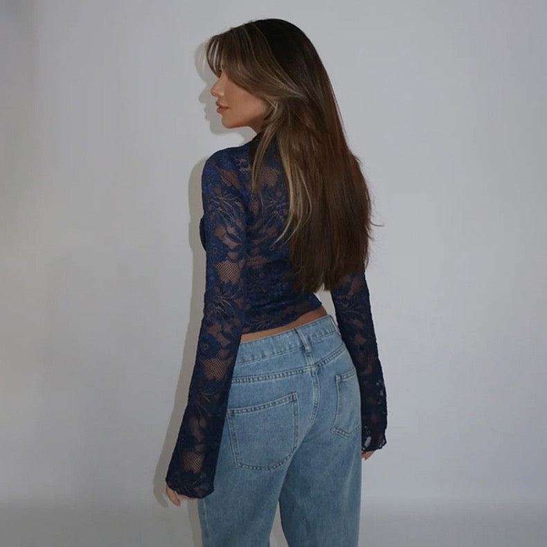 Sexy Lace Splicing V Neck Top Women's Micro-Flared Slim Long-Sleeved Bottoming Shirt - Bellaward Fashions