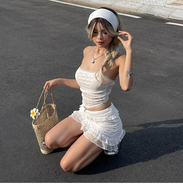Lace Spliced Tube Top + High Waist Skirt Two-Piece Set - Bellaward Fashions