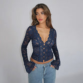 Sexy Lace Splicing V Neck Top Women's Micro-Flared Slim Long-Sleeved Bottoming Shirt - Bellaward Fashions