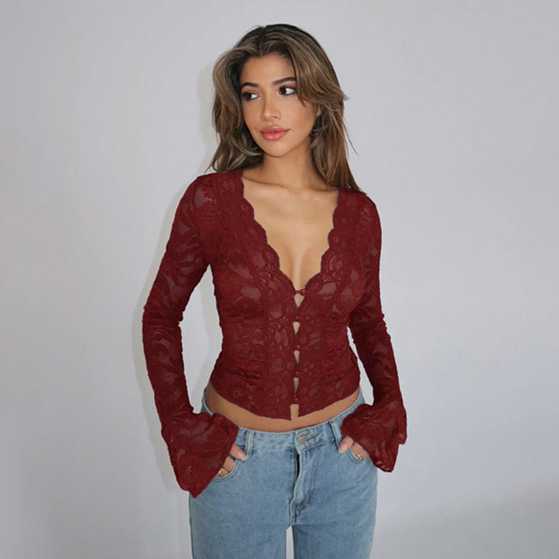 Sexy Lace Splicing V Neck Top Women's Micro-Flared Slim Long-Sleeved Bottoming Shirt - Bellaward Fashions