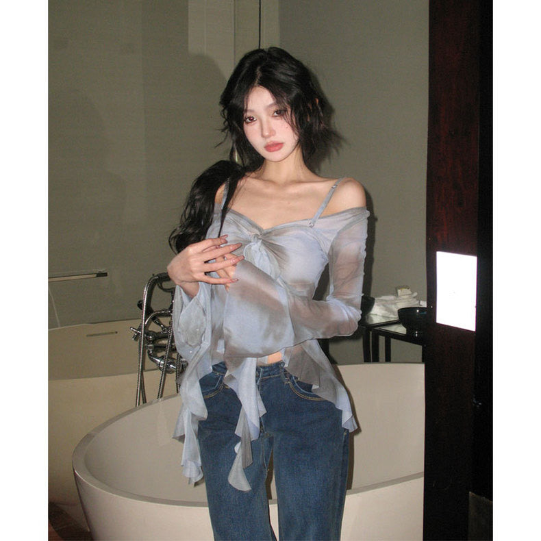 Tie-Dye Mesh Long-Sleeved Off-Shoulder V Neck Suspender Shirt - Bellaward Fashions