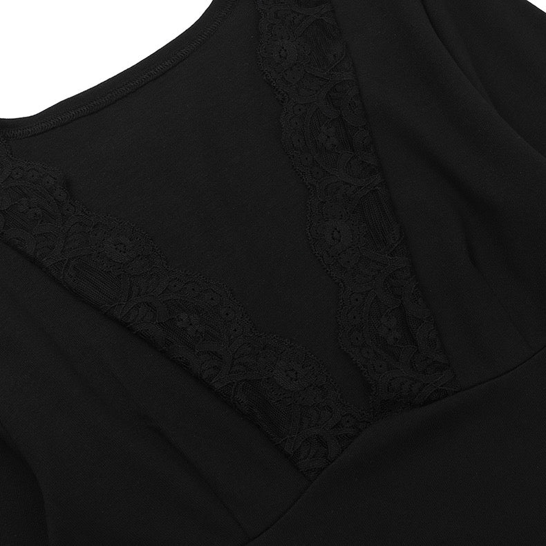 Sexy Lace V-Neck T-Shirt New Waist Long-Sleeved Top - Bellaward Fashions