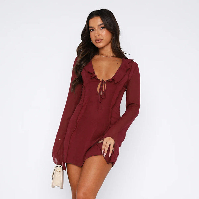 Sexy Low-Cut Lace-Up Ruffled Long-Sleeved dress Elegant Short Skirt - Bellaward Fashions