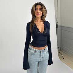 Sexy Lace V-Neck T-Shirt New Waist Long-Sleeved Top - Bellaward Fashions