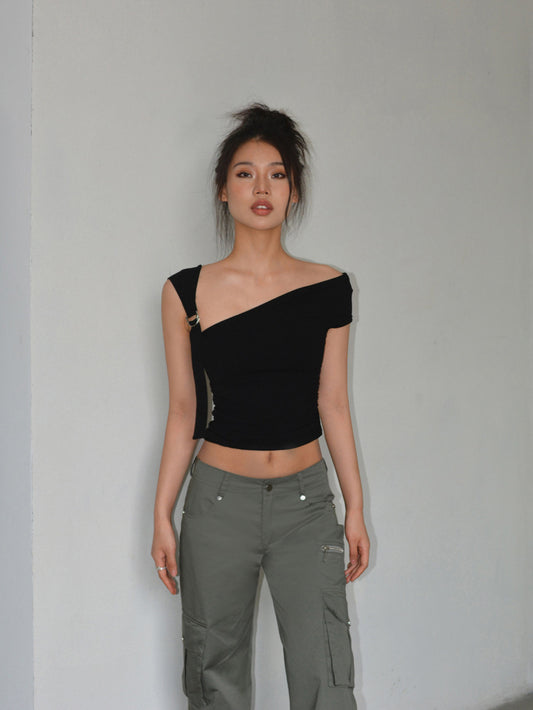 Designed One-Shoulder Silver Button Top - Bellaward Fashions