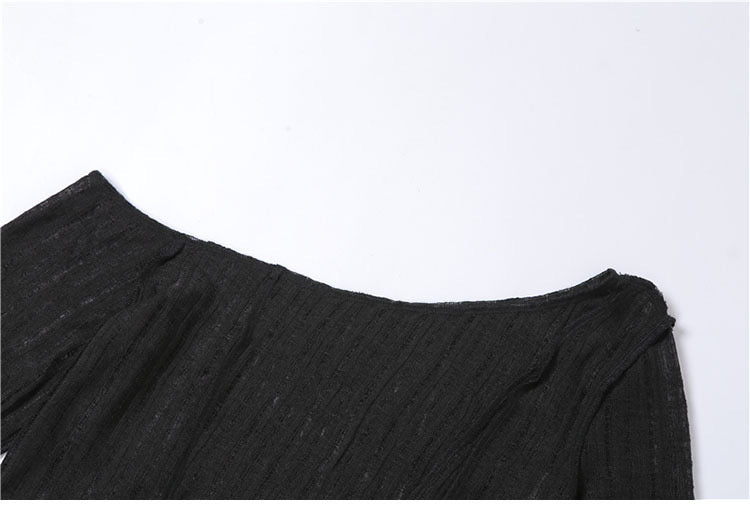 Sweet and Spicy Style Black Slightly See-Through Mesh Blouse with Elegant Slant Collar and Off-Shoulder Long-Sleeved Short Top - Bellaward Fashions