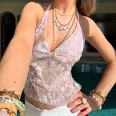 Halter Neck Camisole Lace/Sequin Patchwork Top Bellaward Fashions