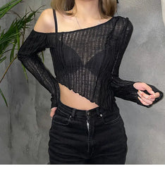 Sweet and Spicy Style Black Slightly See-Through Mesh Blouse with Elegant Slant Collar and Off-Shoulder Long-Sleeved Short Top - Bellaward Fashions