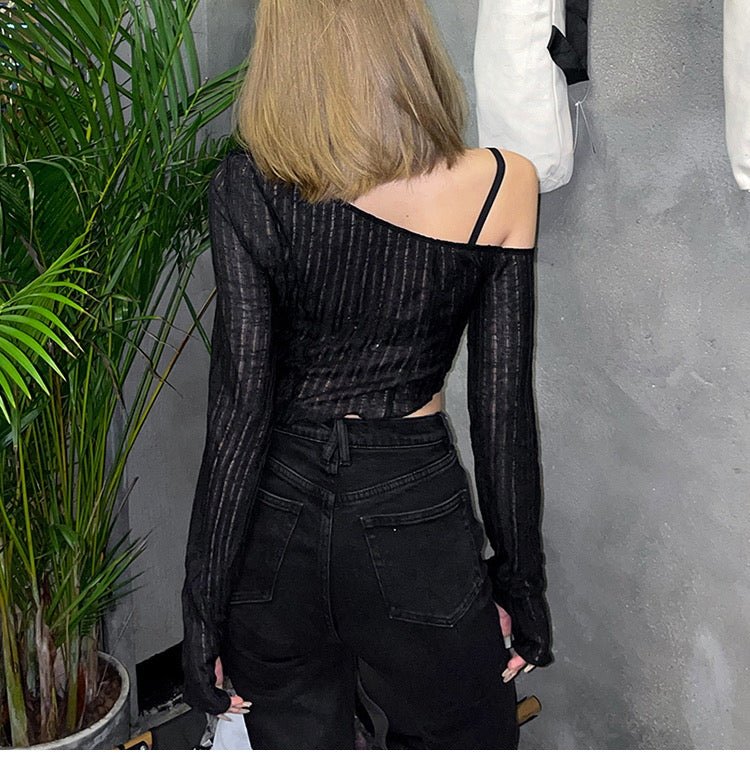 Sweet and Spicy Style Black Slightly See-Through Mesh Blouse with Elegant Slant Collar and Off-Shoulder Long-Sleeved Short Top - Bellaward Fashions