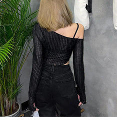 Sweet and Spicy Style Black Slightly See-Through Mesh Blouse with Elegant Slant Collar and Off-Shoulder Long-Sleeved Short Top - Bellaward Fashions
