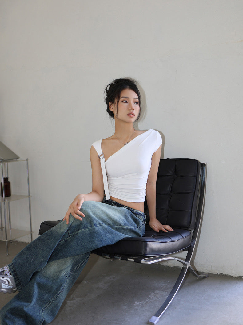 Designed One-Shoulder Silver Button Top - Bellaward Fashions