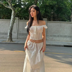 One-Line Collar Waist Top/Lace Puffy Long Skirt - Bellaward Fashions