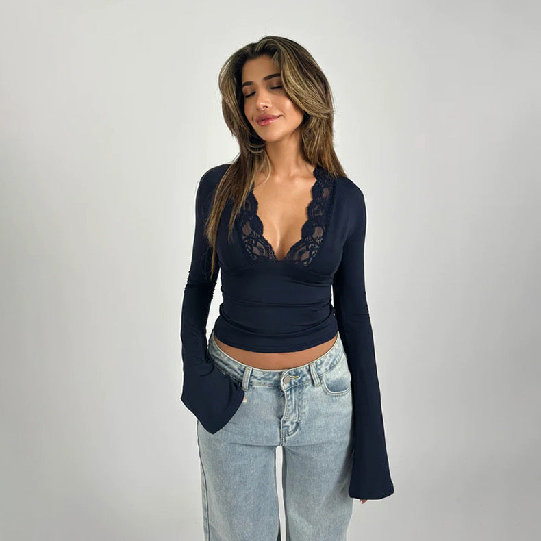 Sexy Lace V-Neck T-Shirt New Waist Long-Sleeved Top - Bellaward Fashions