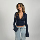 Sexy Lace V-Neck T-Shirt New Waist Long-Sleeved Top - Bellaward Fashions