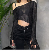 Sweet and Spicy Style Black Slightly See-Through Mesh Blouse with Elegant Slant Collar and Off-Shoulder Long-Sleeved Short Top - Bellaward Fashions