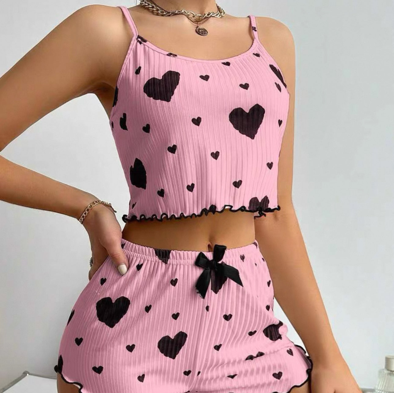 Knitted Hollow Love Print Sweet Suspender Shorts - Bellaward Fashions