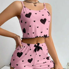 Knitted Hollow Love Print Sweet Suspender Shorts Bellaward Fashions