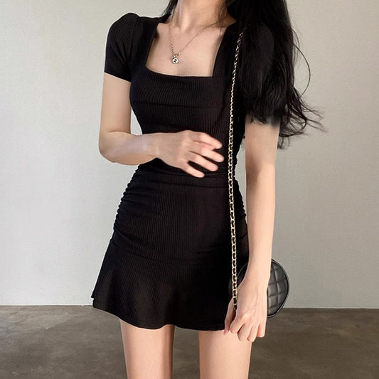 Black French Square Neck Hip-Covering Knitted Short Skirt - Bellaward Fashions
