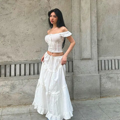 One-Line Collar Waist Top/Lace Puffy Long Skirt - Bellaward Fashions