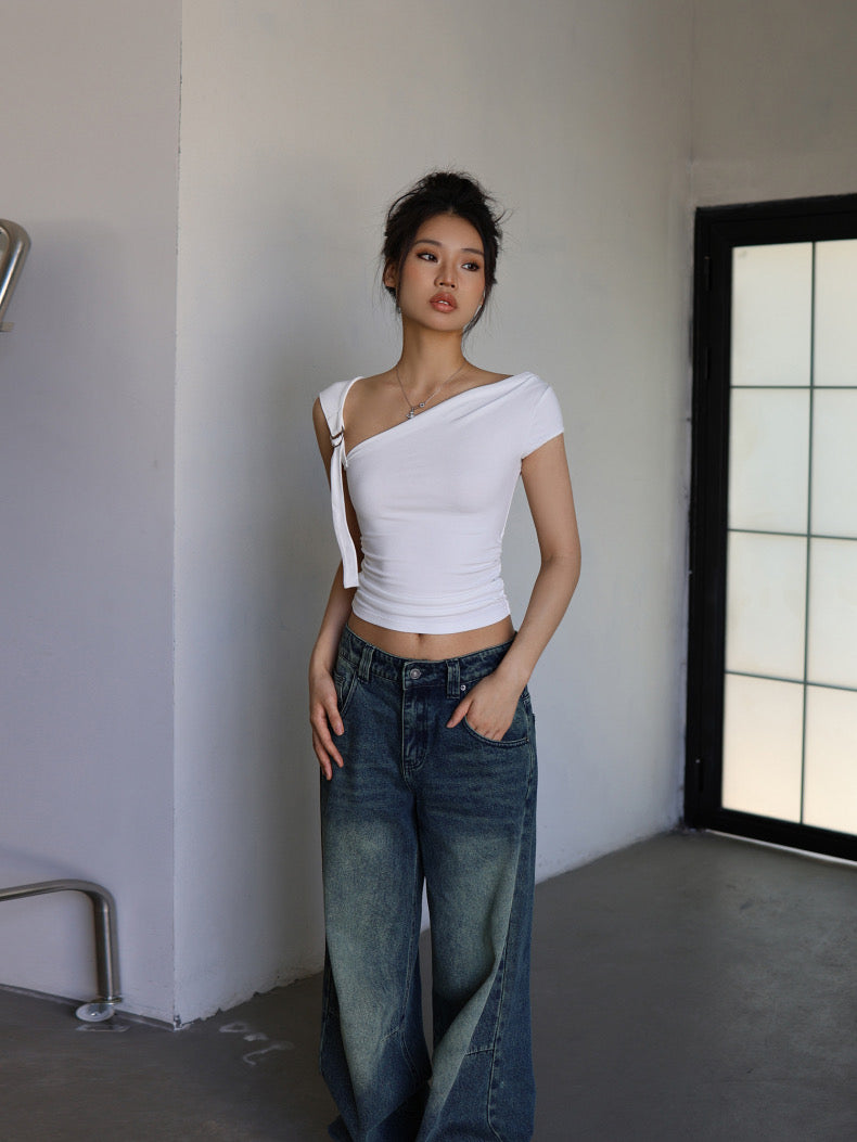 Designed One-Shoulder Silver Button Top - Bellaward Fashions