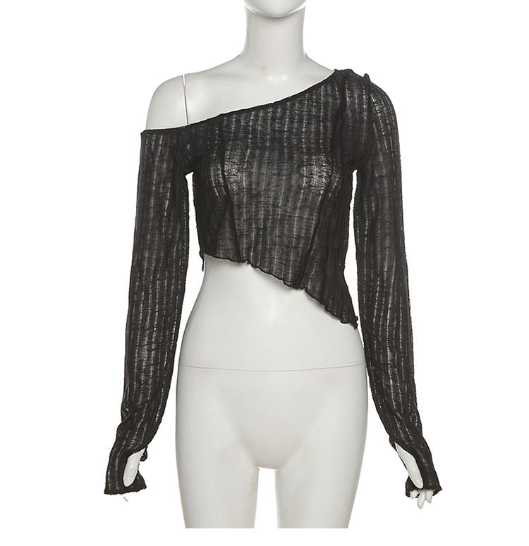 Sweet and Spicy Style Black Slightly See-Through Mesh Blouse with Elegant Slant Collar and Off-Shoulder Long-Sleeved Short Top - Bellaward Fashions