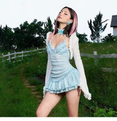 Pure Lust Girly Suspender Dress with Long-Sleeved Blouse Slimming Look - Bellaward Fashions