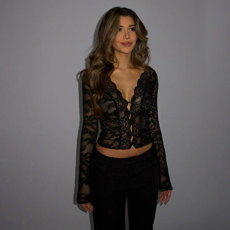 Sexy Lace Splicing V Neck Top Women's Micro-Flared Slim Long-Sleeved Bottoming Shirt - Bellaward Fashions