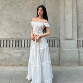One-Line Collar Waist Top/Lace Puffy Long Skirt - Bellaward Fashions