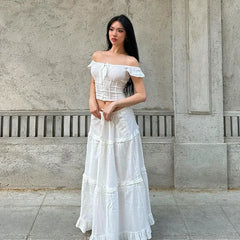 One-Line Collar Waist Top/Lace Puffy Long Skirt - Bellaward Fashions