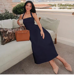 Off-Shoulder High Waisted Halter Dress with Back Zipper and Large Flared Skirt Long Dress Bellaward