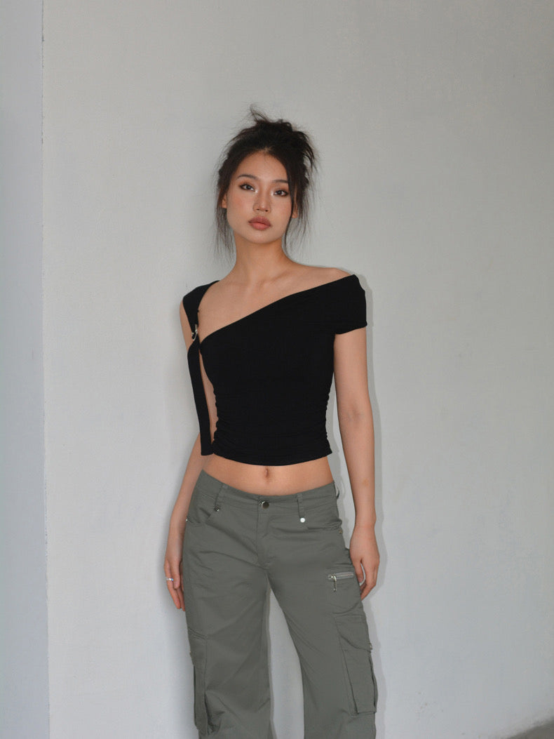 Designed One-Shoulder Silver Button Top - Bellaward Fashions