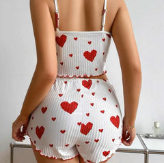 Knitted Hollow Love Print Sweet Suspender Shorts - Bellaward Fashions