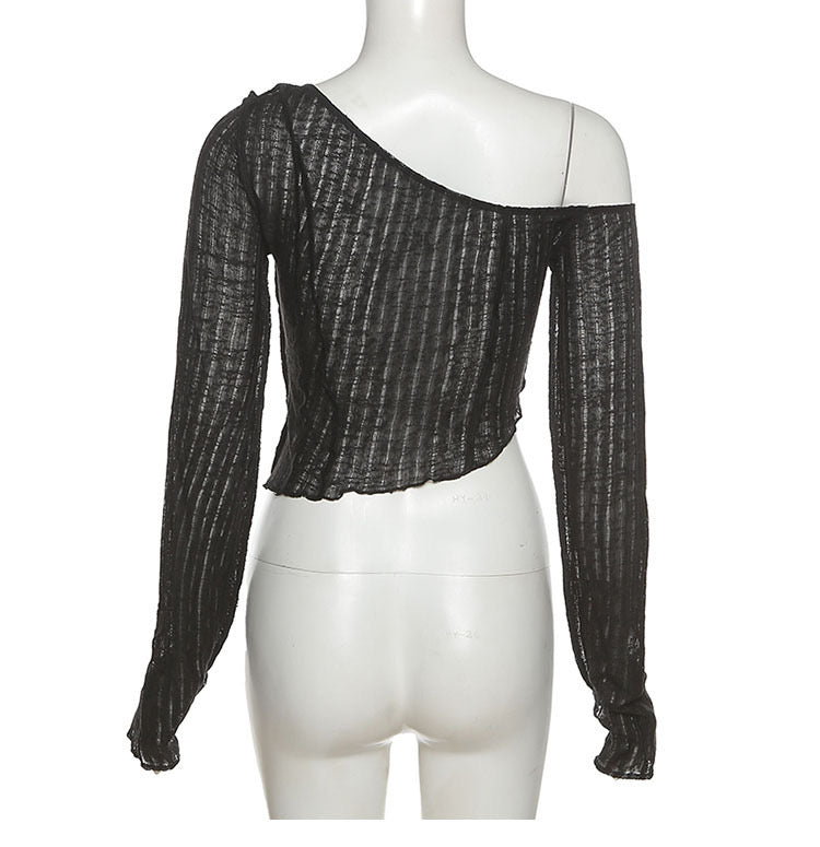 Sweet and Spicy Style Black Slightly See-Through Mesh Blouse with Elegant Slant Collar and Off-Shoulder Long-Sleeved Short Top - Bellaward Fashions