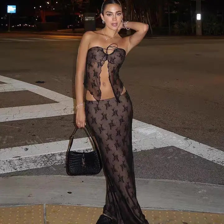 Lace Patchwork Tube Top + Fishtail Skirt Set, Sexy and High-End Bellaward