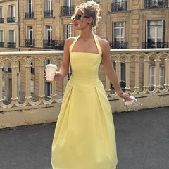 Off-Shoulder High Waisted Halter Dress with Back Zipper and Large Flared Skirt Long Dress