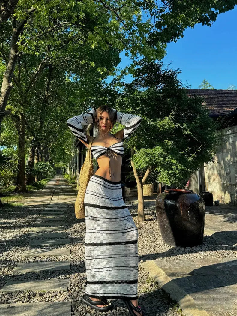 Halter Neck Tube Top/Covering Skirt Stripesd Knitted Sexy Seaside Vacation Two-Piece Set - Bellaward Fashions