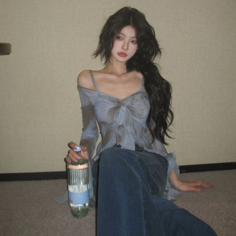 Tie-Dye Mesh Long-Sleeved Off-Shoulder V Neck Suspender Shirt - Bellaward Fashions