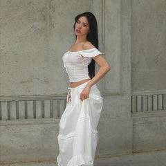 One-Line Collar Waist Top/Lace Puffy Long Skirt - Bellaward Fashions