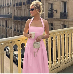 Off-Shoulder High Waisted Halter Dress with Back Zipper and Large Flared Skirt Long Dress Bellaward