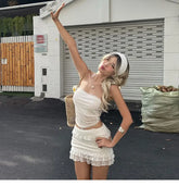 Lace Spliced Tube Top + High Waist Skirt Two-Piece Set - Bellaward Fashions