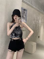 Outer Wear Designed Retro Pattern Backless Lace-Up Inner Suspender Top - Bellaward Fashions