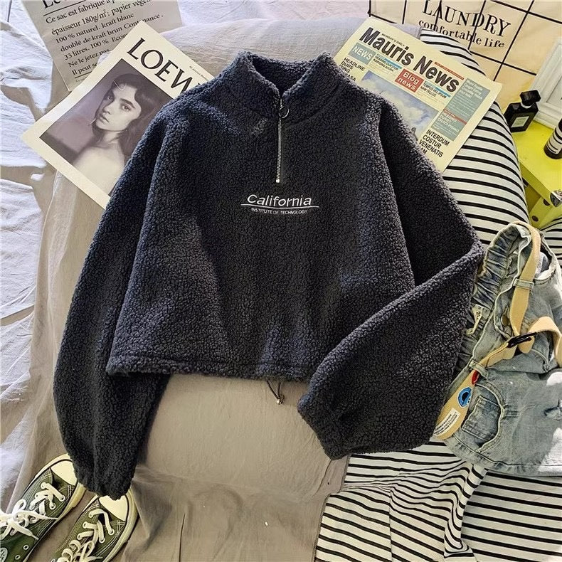 Half Turtleneck Zipper Short Long-Sleeved Outwear for Autumn and Winter Loose Letter Embroidered Cashmere Top with Velvet and Thickeneding - Bellaward Fashions