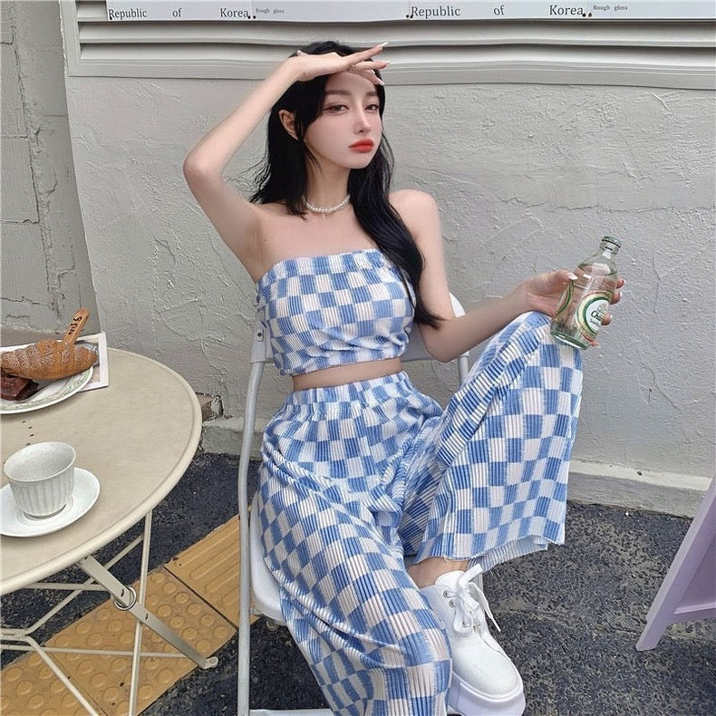 Street-Friendly Sweet and Cool Pink Two-Piece Suit, Tube Top Plaid Casual Wide-Leg Pants - Bellaward Fashions