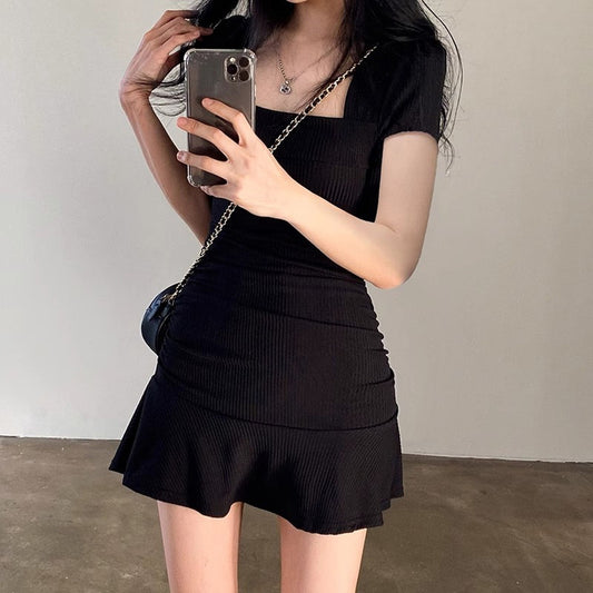 Black French Square Neck Hip-Covering Knitted Short Skirt - Bellaward Fashions