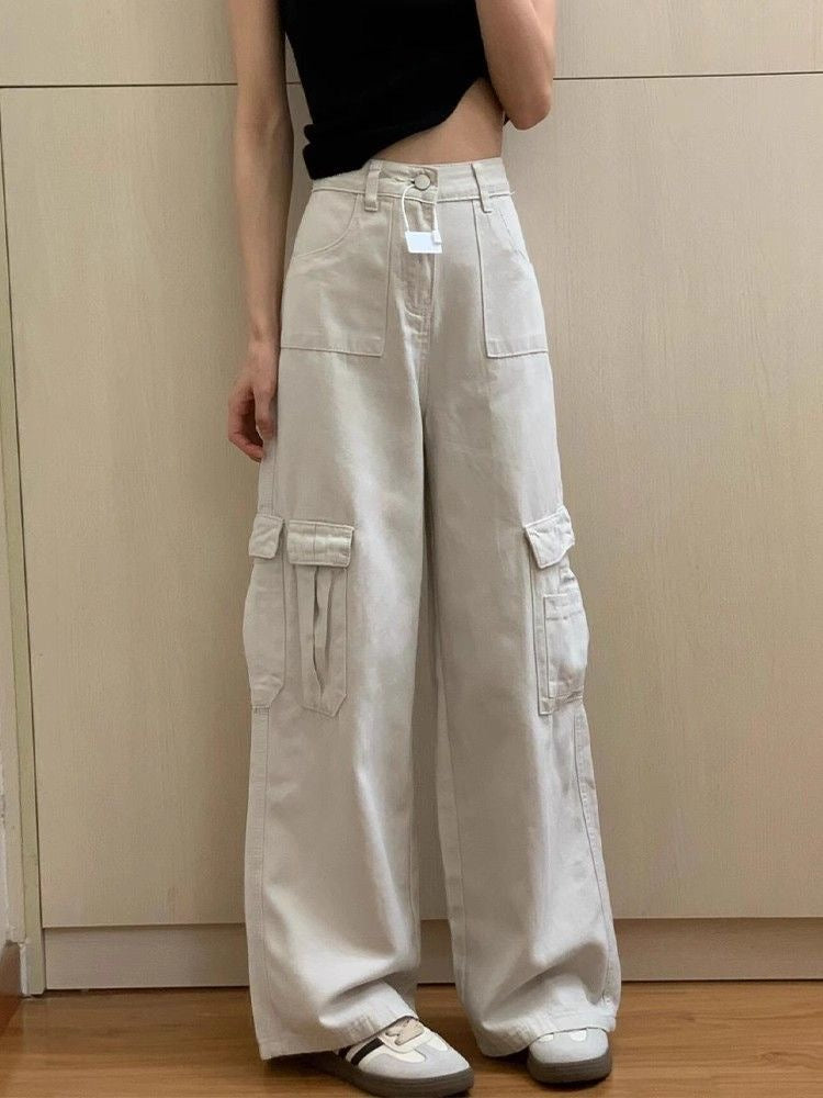 High Street Sand White Wide Leg Denim American Retro Loose Casual Straight-Leg Floor-Mopping Long Pants - Bellaward Fashions