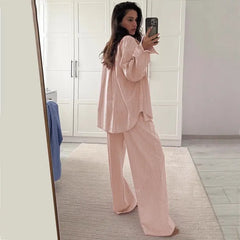 New Casual Loose Striped Shirt and Pants Two-Piece Set Bellaward