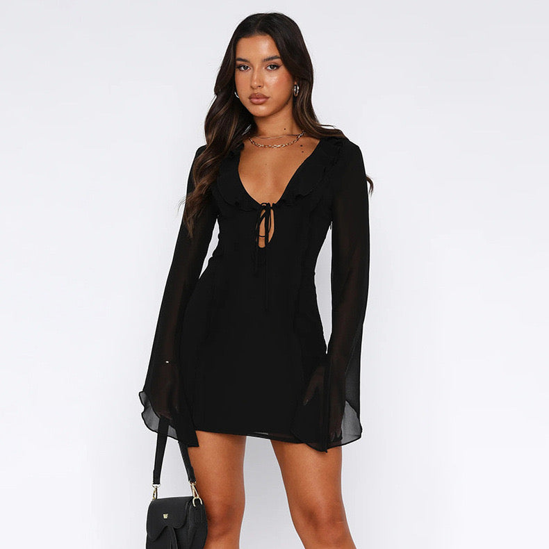 Sexy Low-Cut Lace-Up Ruffled Long-Sleeved dress Elegant Short Skirt - Bellaward Fashions
