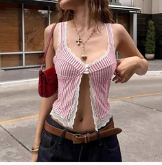 Striped Lace Trim Crop Top Bellaward Fashions