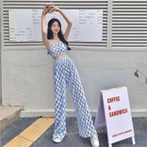 Street-Friendly Sweet and Cool Pink Two-Piece Suit, Tube Top Plaid Casual Wide-Leg Pants - Bellaward Fashions